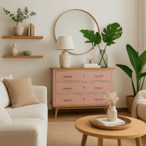 Mueble rosa en decoración neutra