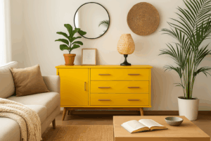 Mueble amarillo en decoración neutra