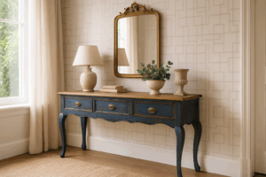 Mueble azul vintage en fondo neutro